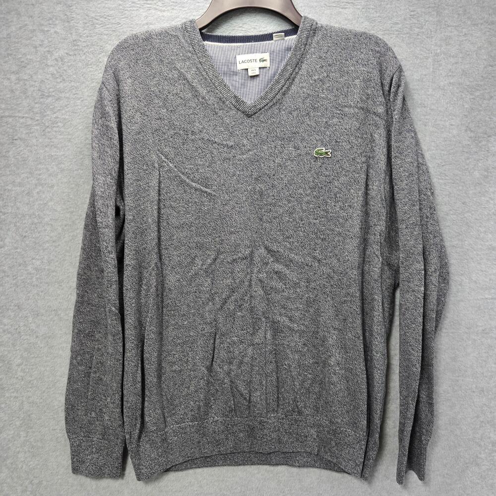 Lacoste Men's Gray V-Neck Sweater with Green Croc Logo